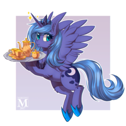 Size: 1000x1000 | Tagged: safe, artist:margony, princess luna, alicorn, pony, g4, crown, cup, female, flying, food, jewelry, looking at you, mare, regalia, s1 luna, smiling, solo, tea, tea set, teacup, teapot, tray