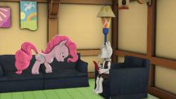 Size: 1066x600 | Tagged: source needed, safe, artist:red4567, pinkie pie, oc, oc:dr. wolf, g4, 3d, animated, bouncing, couch, excited, gif, love my lips, perfect loop, pronking, silly songs, silly songs with pinkie, song parody, song reference, source filmmaker, veggietales