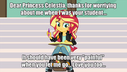 Size: 1280x720 | Tagged: safe, edit, edited screencap, screencap, princess celestia, sunset shimmer, celestial advice, equestria girls, g4, my little pony equestria girls: friendship games, backpack, book, boots, caption, clothes, cutie mark, female, high heel boots, image macro, jacket, leather jacket, meme, misspelling, pen, sad, sarcasm, solo, stairs, text