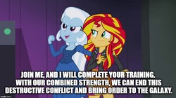 Size: 896x500 | Tagged: safe, edit, edited screencap, screencap, sunset shimmer, trixie, equestria girls, g4, my little pony equestria girls: rainbow rocks, caption, clothes, darth vader, fall formal outfits, i am your father, image macro, jacket, leather jacket, meme, star wars, star wars: the empire strikes back, text