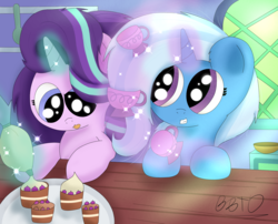 Size: 2528x2047 | Tagged: safe, artist:bronybehindthedoor, starlight glimmer, trixie, pony, unicorn, all bottled up, g4, cup, female, high res, magic, mare, signature, teacakes, teacup, teacups, telekinesis, that pony sure does love teacups
