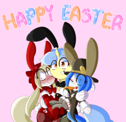 Size: 6500x6300 | Tagged: safe, artist:fullmetalpikmin, oc, oc only, oc:cherry blossom, oc:mal, oc:viewing pleasure, earth pony, pony, unicorn, tumblr:ask viewing pleasure, absurd resolution, blushing, bunny ears, bunny tail, carrot, clothes, easter, female, food, hat, hood, mare, pink background, simple background, socks, suit