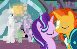 Size: 11406x7318 | Tagged: safe, artist:asika-aida, princess celestia, spike, starlight glimmer, sunburst, twilight sparkle, alicorn, dragon, pony, unicorn, celestial advice, g4, absurd resolution, and then they all kissed, blushing, female, kiss on the lips, kissing, male, mare, ship:starburst, shipper on deck, shipping, show accurate, smiling, stallion, straight, there is no wrong way to fantasize, twilight sparkle (alicorn), twilight the shipper