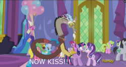 Size: 1911x1018 | Tagged: safe, edit, edited screencap, screencap, apple bloom, berry punch, berryshine, bon bon, cherry berry, daisy, discord, flower wishes, linky, lucky clover, scootaloo, shoeshine, starlight glimmer, sweetie belle, sweetie drops, twilight sparkle, alicorn, pony, celestial advice, g4, discovery family logo, equestrian pink heart of courage, female, image macro, lesbian, male, meme, now kiss, ship:twistarlight, shipping, stallion, twilight sparkle (alicorn)