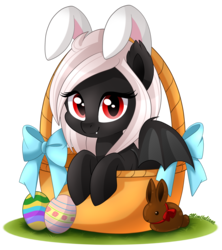 Size: 2754x3097 | Tagged: safe, artist:mimijuliane, oc, oc only, oc:midnight ruby, bat pony, pony, basket, bunny ears, chocolate, chocolate bunny, cute, easter, easter basket, easter egg, fangs, food, high res, hnnng, pony in a basket, red eyes, ribbon, spread wings, wings