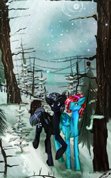 Size: 705x1132 | Tagged: safe, artist:sattobless, oc, oc only, oc:helping heart, oc:shadow wings, bat pony, pegasus, pony, forest, shipping, snow, winter