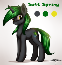 Size: 966x1017 | Tagged: safe, artist:setharu, oc, oc only, oc:soft spring, pony, unicorn, ear fluff, female, mare, reference sheet, signature, solo, standing