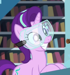 Size: 633x673 | Tagged: safe, screencap, starlight glimmer, pony, unicorn, celestial advice, g4, cute, female, glimmerbetes, goggles, grin, leaning, mare, safety goggles, smiling, solo, squee