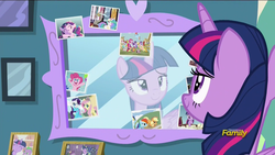 Size: 1920x1080 | Tagged: safe, screencap, twilight sparkle, alicorn, pony, celestial advice, g4, discovery family logo, female, mare, mirror, picture, reflection, smiling, solo, twilight sparkle (alicorn)