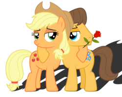 Size: 2361x1884 | Tagged: safe, artist:meandmyideas, applejack, caramel, earth pony, pony, g4, bedroom eyes, couple, cuddling, female, flower, male, rose, ship:carajack, shipping, simple background, snuggling, straight, transparent background, vector