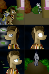 Size: 1502x2254 | Tagged: safe, artist:cosmalumi, derpy hooves, doctor whooves, nightmare moon, time turner, alicorn, earth pony, pegasus, pony, tumblr:ask queen moon, g4, clothes, costume, doctor who, hat, nightmare night, parody, scarf, statue, the doctor, weeping angel, witch hat