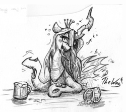 Size: 1561x1384 | Tagged: safe, artist:the-wag, queen chrysalis, changeling, changeling queen, g4, alcohol, blushing, drunk, female, mug, tongue out, traditional art