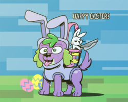 Size: 1000x800 | Tagged: safe, artist:rawrienstein, angel bunny, spike, dog, equestria girls, g4, angel is a bunny bastard, animal costume, bunny costume, clothes, costume, easter, easter egg, knife, spike the dog