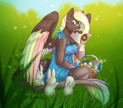 Size: 4000x3500 | Tagged: safe, artist:askbubblelee, oc, oc only, pegasus, rabbit, anthro, anthro oc, bandage, basket, chocolate, chocolate bunny, clothes, cute, dress, easter, easter egg, eating, female, food, freckles, gift art, grass, long tail, looking down, mare, solo