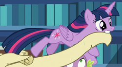 Size: 1081x597 | Tagged: safe, screencap, spike, twilight sparkle, alicorn, dragon, pony, celestial advice, g4, cropped, female, folded wings, happy, jumping, looking up, male, mare, mouth hold, scroll, smiling, twilight sparkle (alicorn)