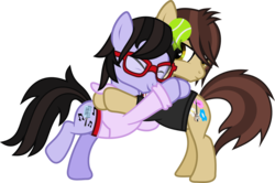 Size: 1492x993 | Tagged: safe, artist:lightningbolt, derpibooru exclusive, earth pony, pony, unicorn, g4, .svg available, ball, bipedal, bipedal leaning, brendon urie, casual, clothes, duo, duo male, eyes closed, glasses, hair over one eye, happy, hilarious in hindsight, hoodie, horn, horn guard, horn impalement, hornball, hug, leaning, lidded eyes, male, panic! at the disco, ponified, raised hoof, ryan ross, shirt, show accurate, simple background, smiling, stallion, standing, svg, t-shirt, tennis ball, transparent background, undershirt, unicorn problems, vector