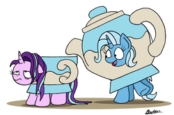 Size: 1954x1287 | Tagged: safe, artist:bobthedalek, starlight glimmer, trixie, pony, unicorn, all bottled up, g4, clothes, costume, cup, cute, diatrixes, drink, drink costume, female, food, food costume, funny, happy, mare, simple background, starlight glimmer is not amused, stressed, tea, tea costume, teacup, teacup costume, teapot, teapot costume, that pony sure does love teacups, unamused, white background