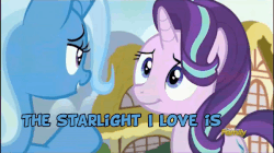 Size: 600x337 | Tagged: safe, screencap, starlight glimmer, trixie, pony, unicorn, all bottled up, g4, animated, crying, discovery family logo, duo, female, gif, hug, just friends, mare, shipping fuel, subtitles, tears of joy, teary eyes