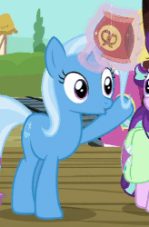 Size: 327x500 | Tagged: safe, screencap, trixie, pony, all bottled up, animated, female, food, gif, loop, magic, pretzel, solo focus, waving