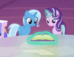 Size: 305x237 | Tagged: safe, screencap, starlight glimmer, trixie, pony, all bottled up, g4, animated, book, female, gif, loop