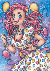 Size: 848x1200 | Tagged: safe, artist:holy-yume, pinkie pie, human, g4, blushing, clothes, dress, female, humanized, jewelry, necklace, open mouth, solo, traditional art