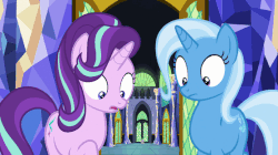 Size: 557x313 | Tagged: safe, screencap, spike, starlight glimmer, trixie, pony, all bottled up, g4, animated, embarrassed, faint, gif, raised eyebrow, ta-da!, twilight's castle