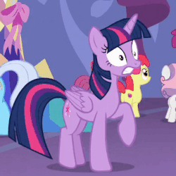 Size: 384x384 | Tagged: safe, screencap, apple bloom, berry punch, berryshine, linky, scootaloo, shoeshine, sweetie belle, twilight sparkle, alicorn, earth pony, pegasus, pony, unicorn, celestial advice, g4, animated, cropped, cutie mark crusaders, female, filly, folded wings, gif, gritted teeth, mare, nervous, trotting, trotting in place, twilight sparkle (alicorn)