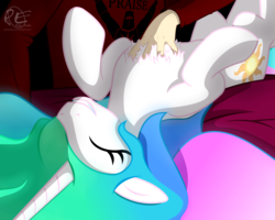 Size: 2000x1600 | Tagged: safe, artist:ponyecho, princess celestia, alicorn, human, pony, g4, behaving like a cat, bellyrubs, catlestia, chest fluff, cute, cutelestia, dark souls, duo, eyes closed, female, hand, human on pony petting, interspecies, lying down, mare, misleading thumbnail, missing accessory, on back, ponyecho is trying to murder us, praise the sun, show accurate, smiling, solaire of astora, true love princesses