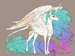 Size: 800x600 | Tagged: safe, artist:dementra369, princess celestia, alicorn, classical unicorn, pony, g4, chest fluff, cloven hooves, female, horn, leonine tail, mare, simple background, solo, spread wings, unshorn fetlocks