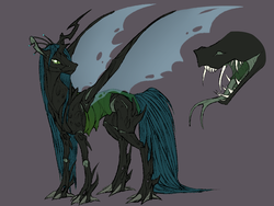 Size: 800x600 | Tagged: safe, artist:dementra369, queen chrysalis, changeling, changeling queen, g4, alternate design, close-up, fangs, female, forked tongue, green tongue, large wings, open mouth, sharp teeth, simple background, solo, spikes, spread wings, teeth, tongue out, wings