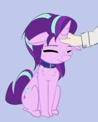Size: 1996x2488 | Tagged: safe, artist:duop-qoub, starlight glimmer, human, pony, unicorn, g4, blue background, chest fluff, collar, cute, eyes closed, female, floppy ears, glimmerbetes, hand, mare, offscreen character, pet glimmer, petting, pony pet, shoulder fluff, simple background, sitting, solo focus