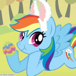 Size: 700x700 | Tagged: safe, rainbow dash, g4, official, 2016, bunny ears, easter, easter egg, forest, hasbro, hasbro logo, logo, smiling, tree