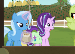 Size: 550x398 | Tagged: safe, screencap, granny smith, starlight glimmer, trixie, earth pony, pony, all bottled up, g4, animated, aweeg*, cinnamon nuts, female, food, gif, saddle bag, tired