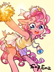 Size: 900x1200 | Tagged: safe, artist:toki, pinkie pie, earth pony, pony, all bottled up, g4, armpits, bell, bipedal, bow, cheerleader, cheerleader pinkie, clothes, cute, diapinkes, female, floppy ears, hair bow, happy, jewelry, looking at you, mare, miniskirt, moe, necklace, open mouth, pom pom, simple background, skirt, skirt lift, smiling, solo, tank top, yellow background