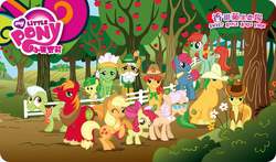 Size: 2008x1181 | Tagged: safe, apple bloom, applejack, big macintosh, braeburn, granny smith, earth pony, pony, g4, official, apple family, chinese, male, my little pony logo, stallion