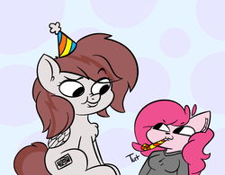 Size: 1377x1073 | Tagged: safe, artist:pink-dooples, oc, oc only, oc:spectrum, cat, birthday, party whistle, silly