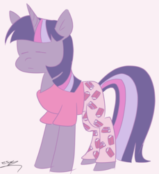 Size: 926x1010 | Tagged: safe, artist:espeonna, twilight sparkle, pony, unicorn, g4, book, bookhorse, clothes, eyes closed, female, frown, mare, pajamas, signature, simple background, solo, white background