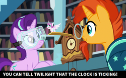 Size: 1275x788 | Tagged: safe, screencap, princess flurry heart, starlight glimmer, sunburst, pony, unicorn, celestial advice, g4, book, caption, clock, clock is ticking, cuckoo clock, female, goggles, image macro, male, mare, meme, stallion