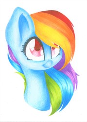 Size: 1697x2376 | Tagged: safe, artist:galaxyrosie02, rainbow dash, g4, bust, female, looking away, looking up, portrait, simple background, smiling, solo, traditional art, white background