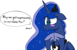 Size: 1732x1136 | Tagged: safe, artist:lance, princess luna, alicorn, pony, celestial advice, g4, blushing, crown, cute, dialogue, floppy ears, hooves together, hopeful, horseshoes, jewelry, lunabetes, peytral, regalia, simple background, smiling, solo, speech bubble