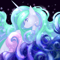 Size: 2000x2000 | Tagged: safe, artist:hikarie-katsura, princess celestia, princess luna, oc, oc only, oc:queen eclipsia, alicorn, pony, bust, color porn, female, fusion, high res, looking at you, looking back, mare, portrait, solo
