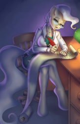 Size: 801x1239 | Tagged: safe, artist:bumblebun, mayor mare, earth pony, anthro, unguligrade anthro, g4, breasts, busty mayor mare, clothes, crossed legs, desk, female, glasses, lamp, list, mare, quill, scroll, solo, writing