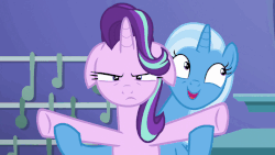 Size: 902x508 | Tagged: safe, screencap, starlight glimmer, trixie, pony, unicorn, all bottled up, animated, cute, diatrixes, duo, female, floppy ears, gif, inconvenient trixie, loop, starlight glimmer is not amused, trixie's puppeteering, unamused