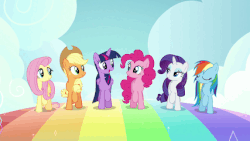 Size: 427x240 | Tagged: safe, screencap, applejack, fluttershy, pinkie pie, rainbow dash, rarity, twilight sparkle, alicorn, pony, all bottled up, g4, animated, best friends until the end of time, female, gif, mane six, rainbow, twilight sparkle (alicorn)