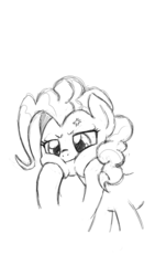Size: 1080x1920 | Tagged: safe, artist:trickydick, pinkie pie, pony, g4, annoyed, cross-popping veins, monochrome, offscreen character, sketch, squishy cheeks