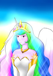 Size: 2893x4092 | Tagged: safe, artist:cynthrey, princess celestia, human, g4, breasts, clothes, crown, dress, female, high res, horn, horned humanization, humanized, jewelry, regalia, solo, winged humanization, wings