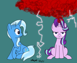 Size: 706x577 | Tagged: safe, artist:pheeph, starlight glimmer, trixie, pony, unicorn, all bottled up, g4, anger magic, angry, female, lightning, magic, mare, scared