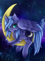Size: 2385x3250 | Tagged: safe, artist:infanio, princess luna, g4, cheek fluff, chest fluff, ear fluff, eye reflection, female, fluffy, high res, moon, prone, reflection, s1 luna, solo, space, stars, tangible heavenly object