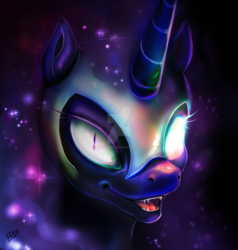 Size: 1600x1682 | Tagged: safe, artist:8bit-party, nightmare moon, g4, bust, female, glowing eyes, portrait, solo, watermark