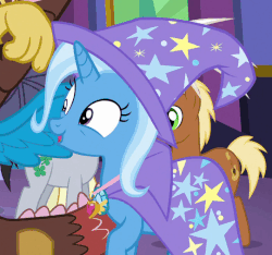 Size: 541x506 | Tagged: safe, screencap, discord, lucky clover, meadow song, trixie, earth pony, pony, unicorn, celestial advice, g4, animated, cute, diatrixes, equestrian pink heart of courage, excited, female, gif, loop, male, mare, not a potty dance, solo focus, stallion, trotting, trotting in place